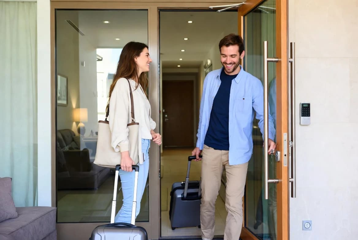 Guests arriving with their luggage at a holiday apartment run by a management company using Avirato's central reservations system