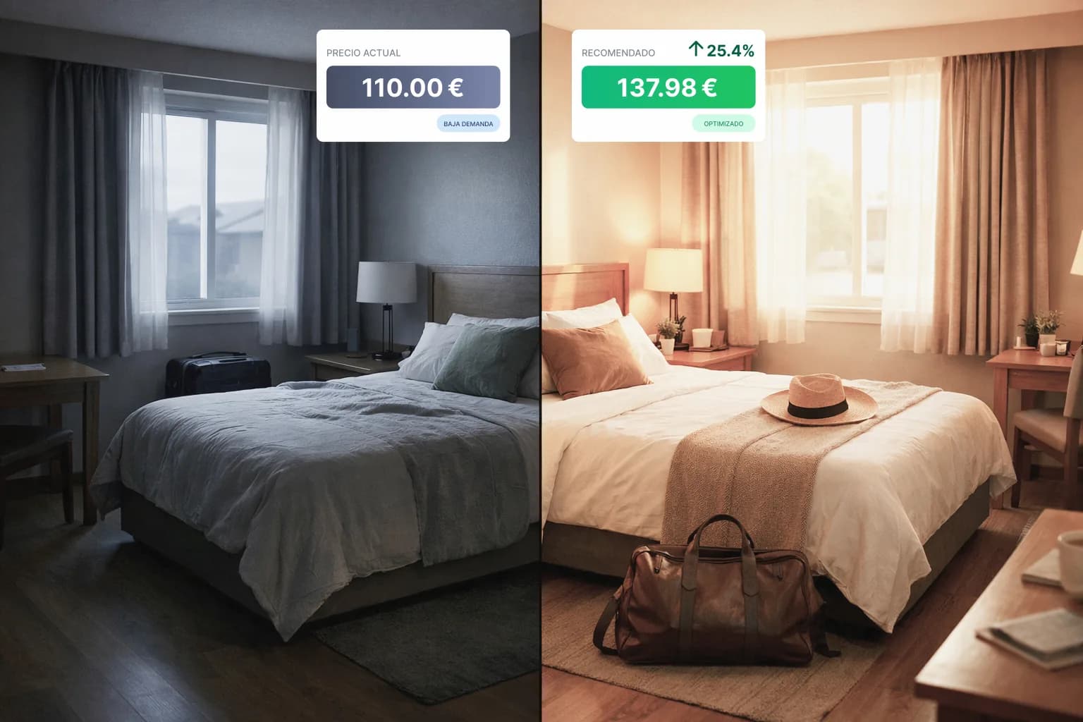 Hotel room shown with two prices according to demand: a base rate of €110 and a recommended rate of €137.98 optimised by Avirato yield management