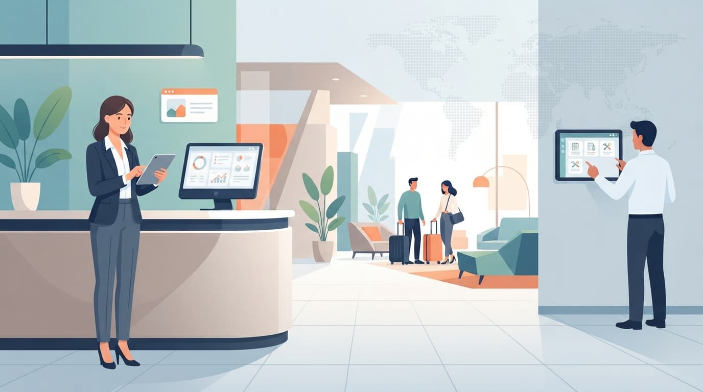 Recepción de hotel con check-in automático y gestión centralizada