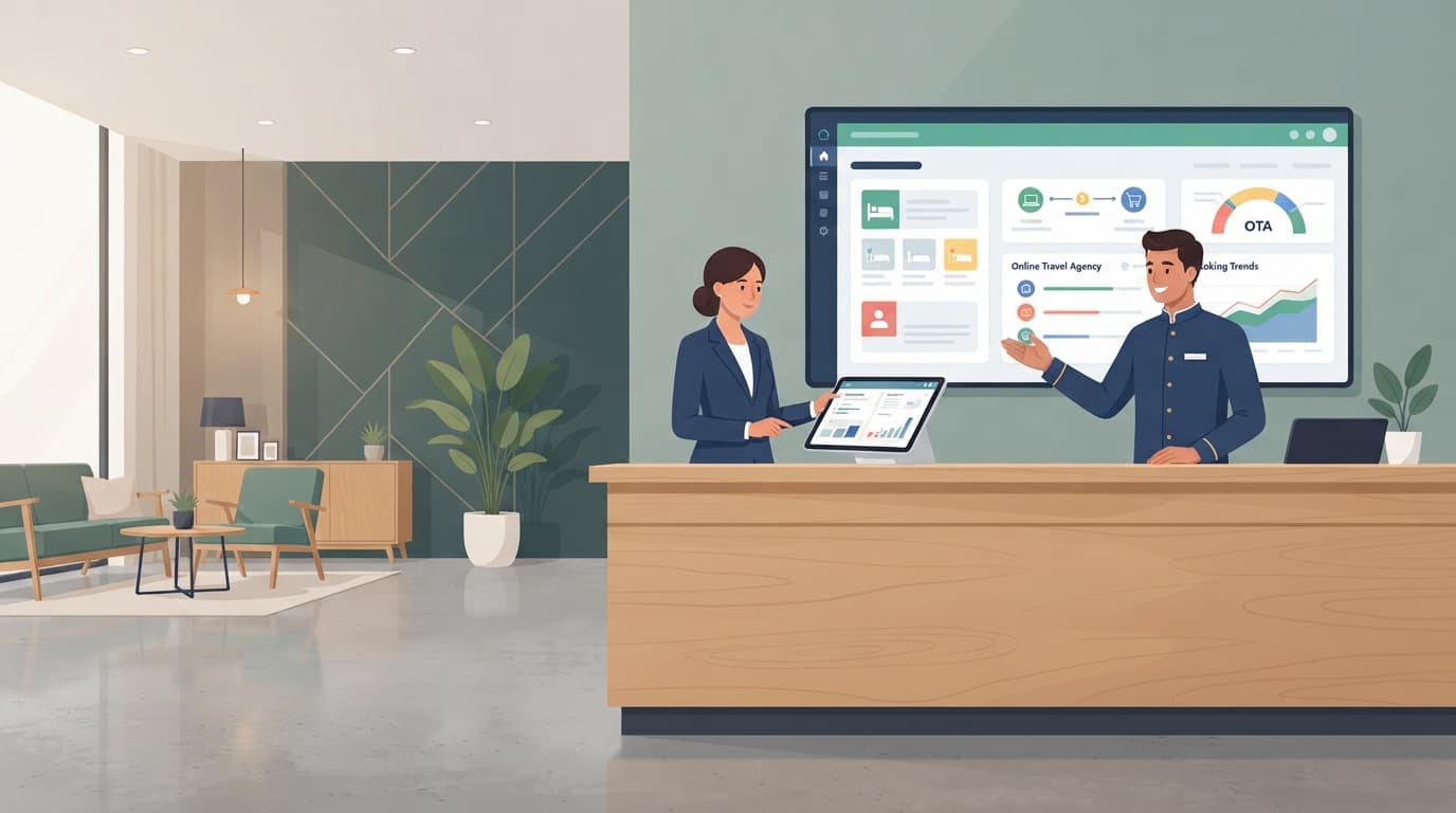 Channel manager para hoteles sincronizando tarifas y disponibilidad en una pantalla de software de gestión hotelera
