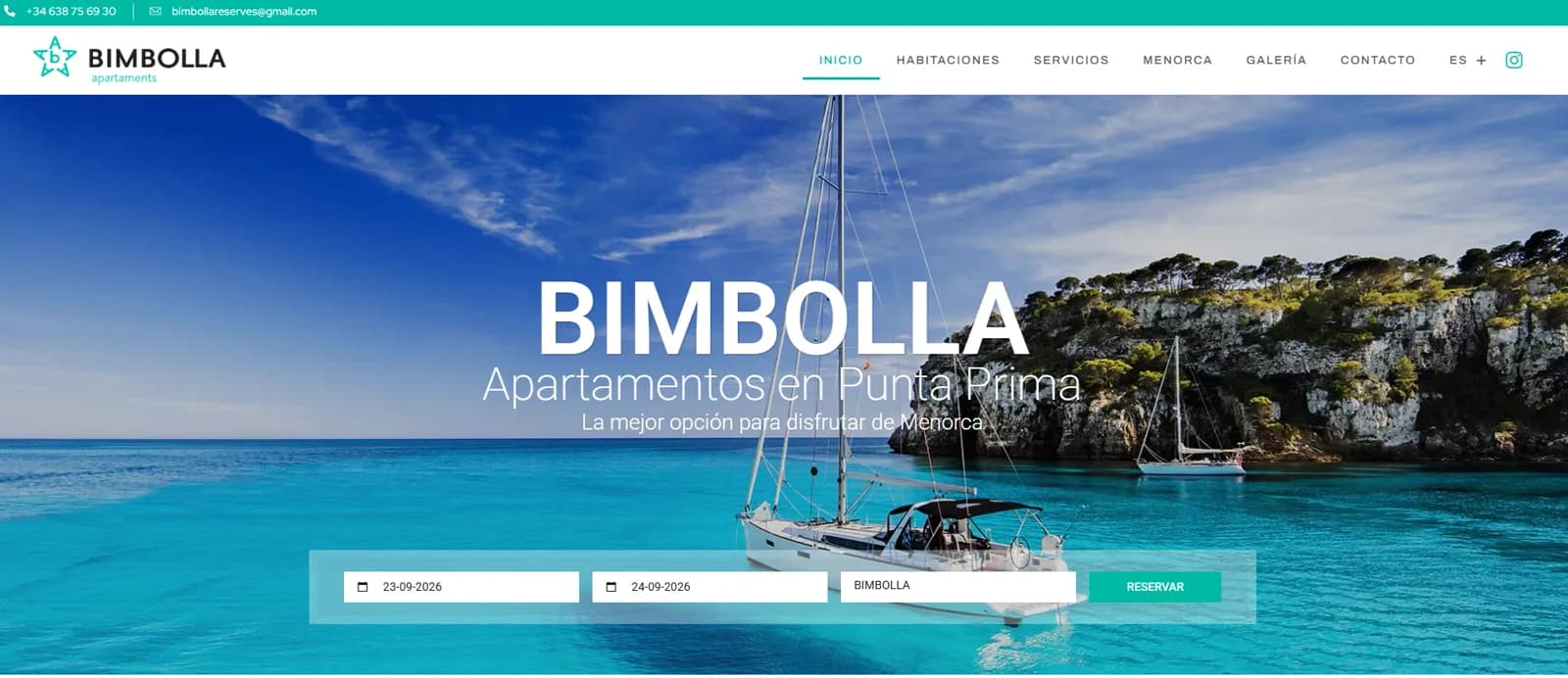 Homepage of the Bimbolla Apartaments website, beachside apartments in Punta Prima, Menorca, designed by Avirato