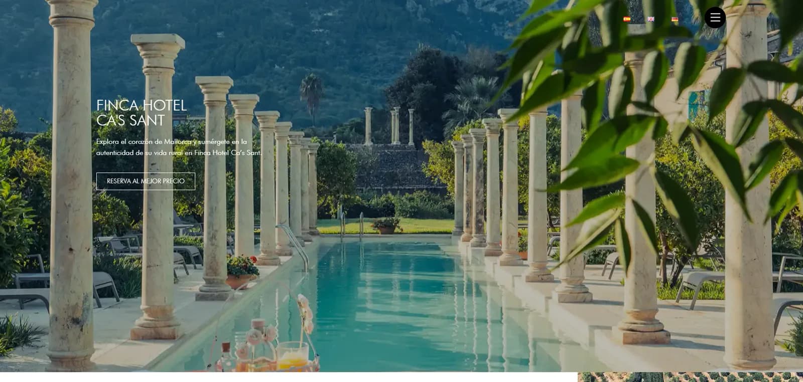 Homepage of the Finca Hotel Ca's Sant website, a boutique country estate hotel in Sóller, Mallorca, designed by Avirato