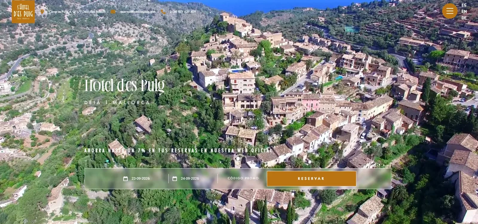 Homepage of the Hotel d'es Puig website, a charming hotel in Deià, Mallorca, designed by Avirato