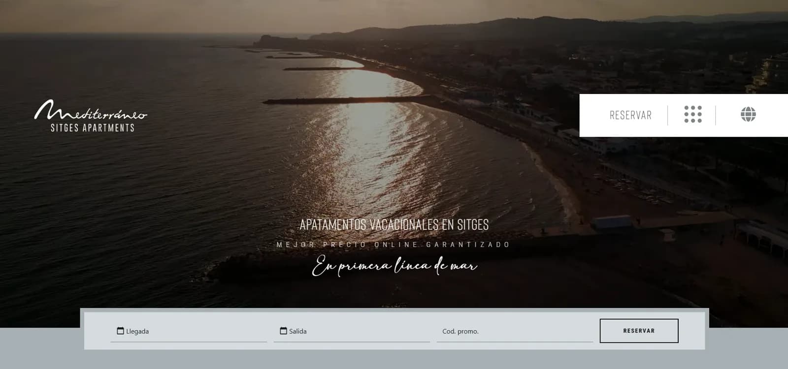 Homepage of the Mediterráneo Sitges Apartments website, seafront apartments in Sitges, designed by Avirato