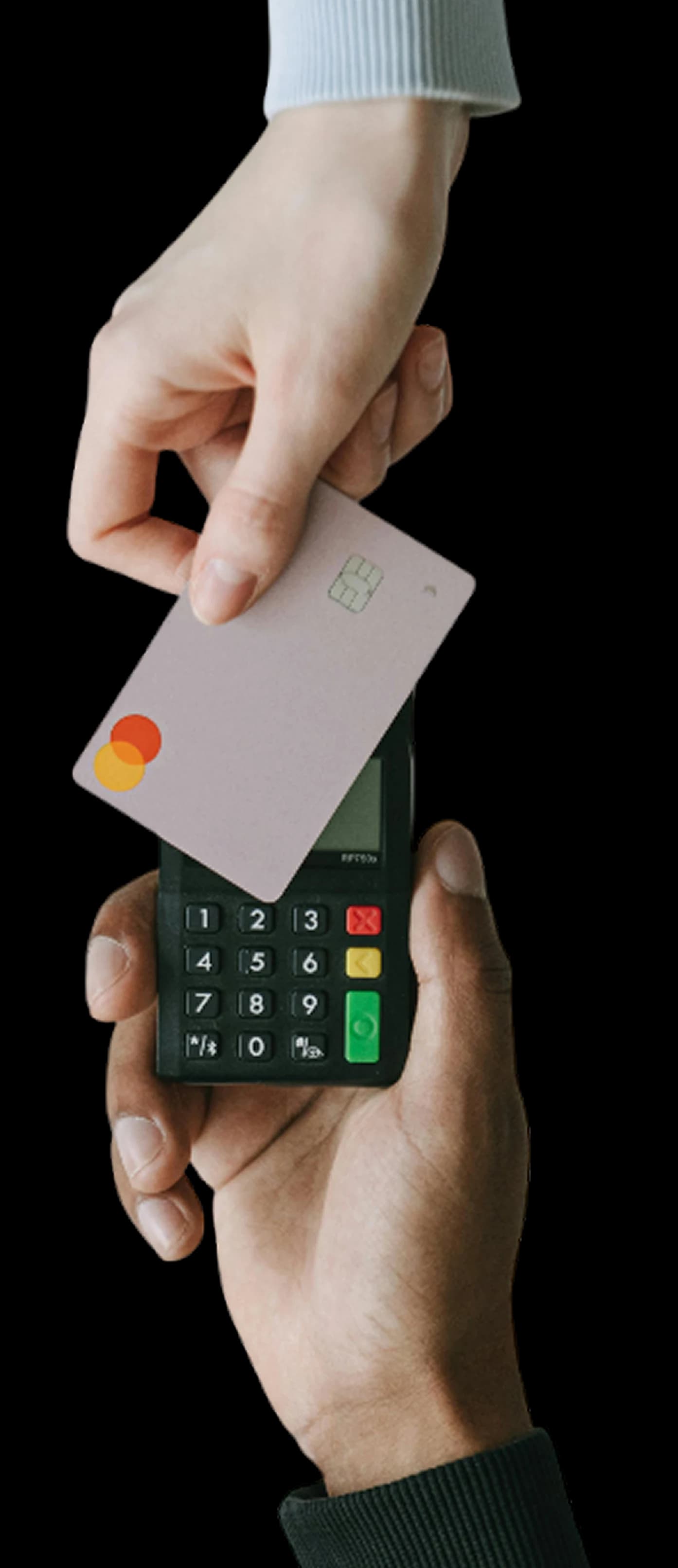 Guest paying by contactless card at a hotel reception terminal