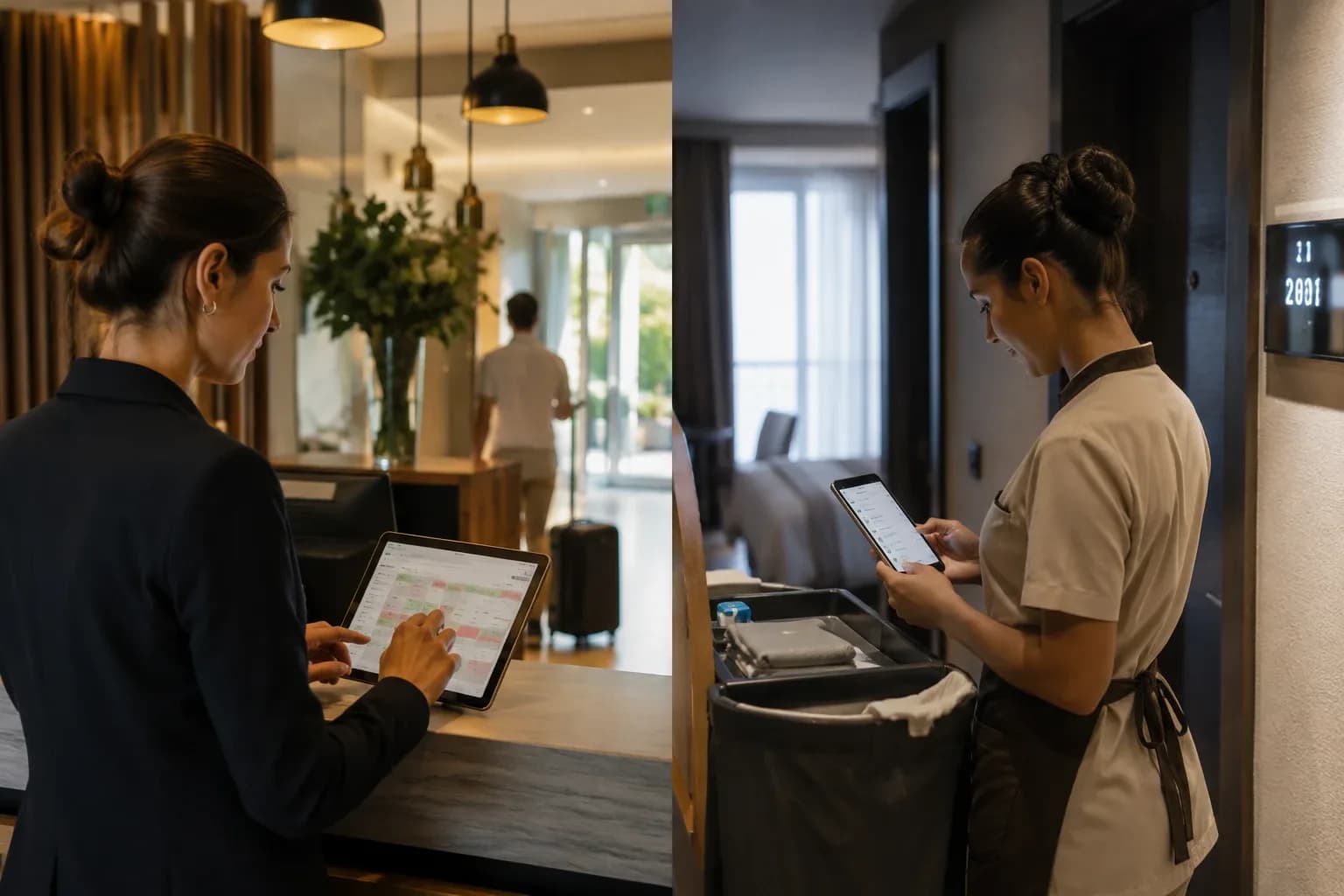 Hotel front desk and housekeeping team checking room status in real time