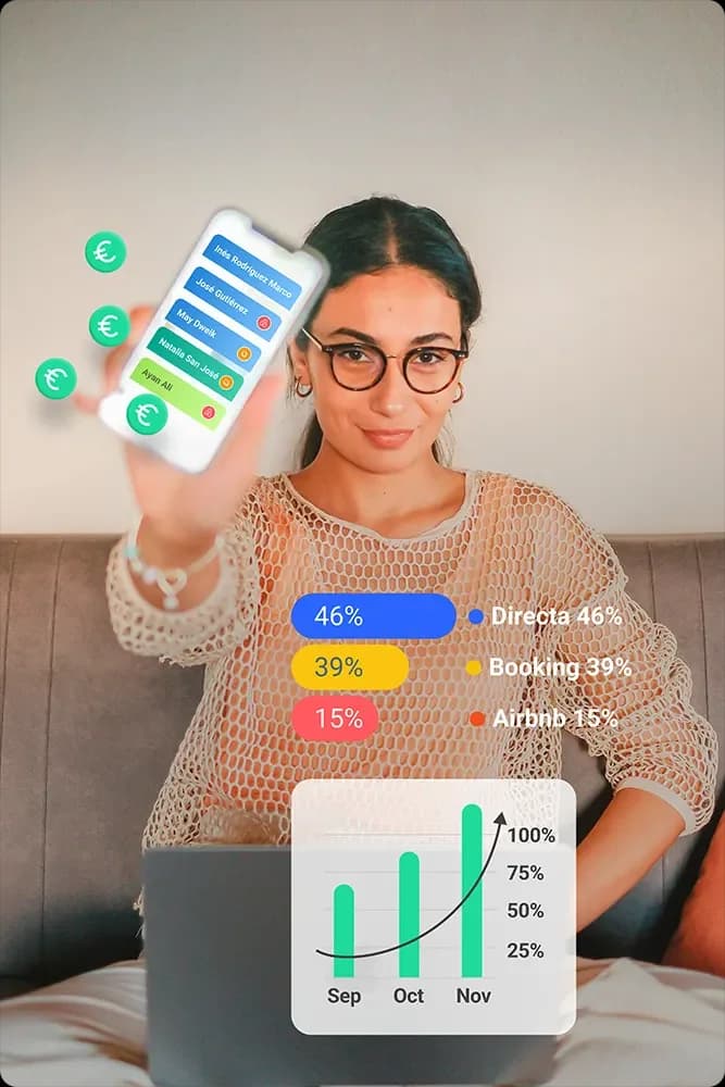 Guest booking from their phone in the Avirato booking engine, with the share of direct bookings against Booking.com and Airbnb