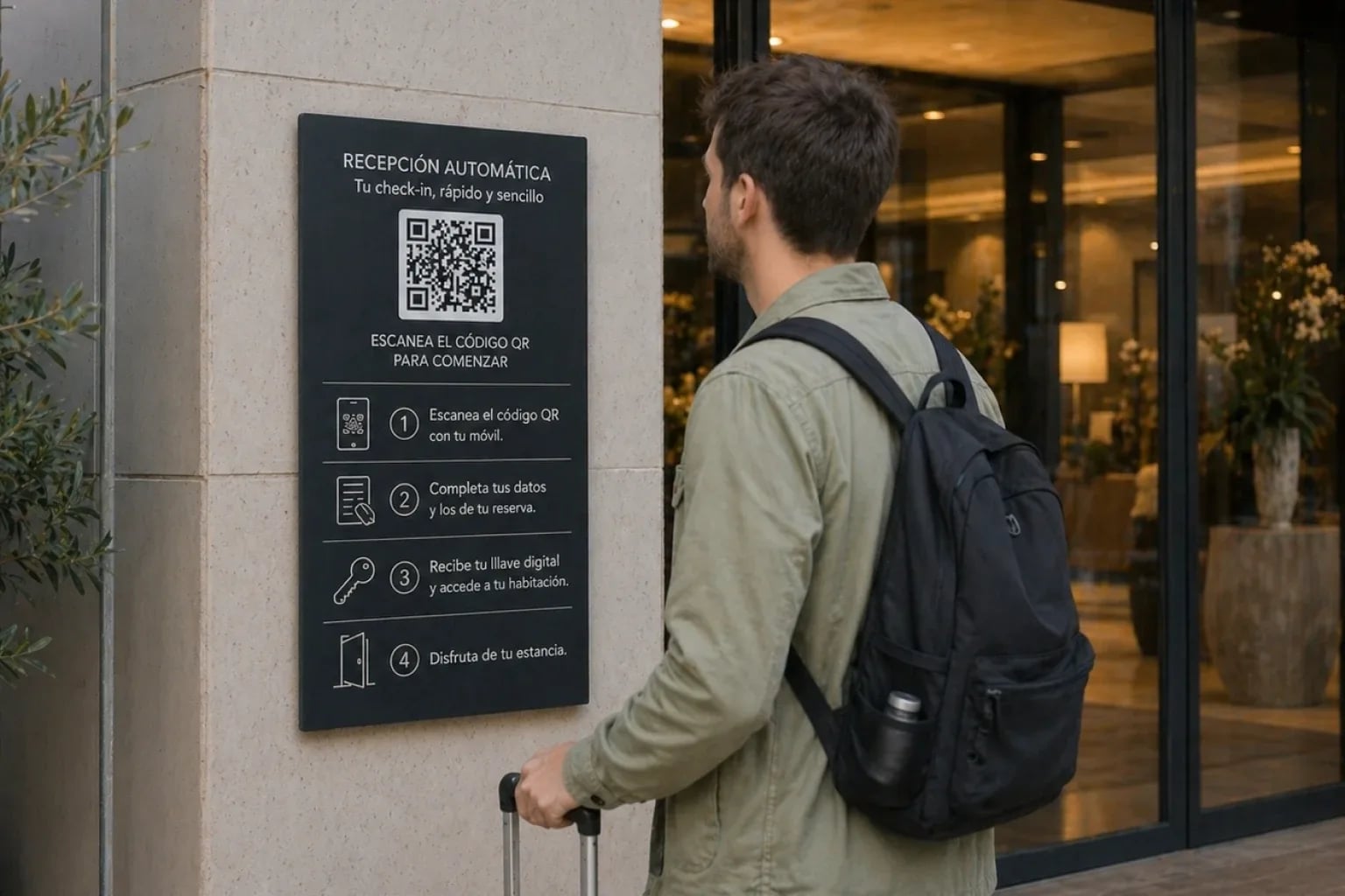 Guest checking in with Avirato's 24-hour automated reception by scanning a QR code at the hotel entrance