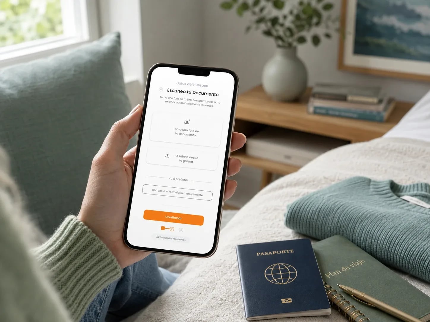 Guest completing their hotel's online check-in from their phone with their passport beside them, using Avirato AviScan