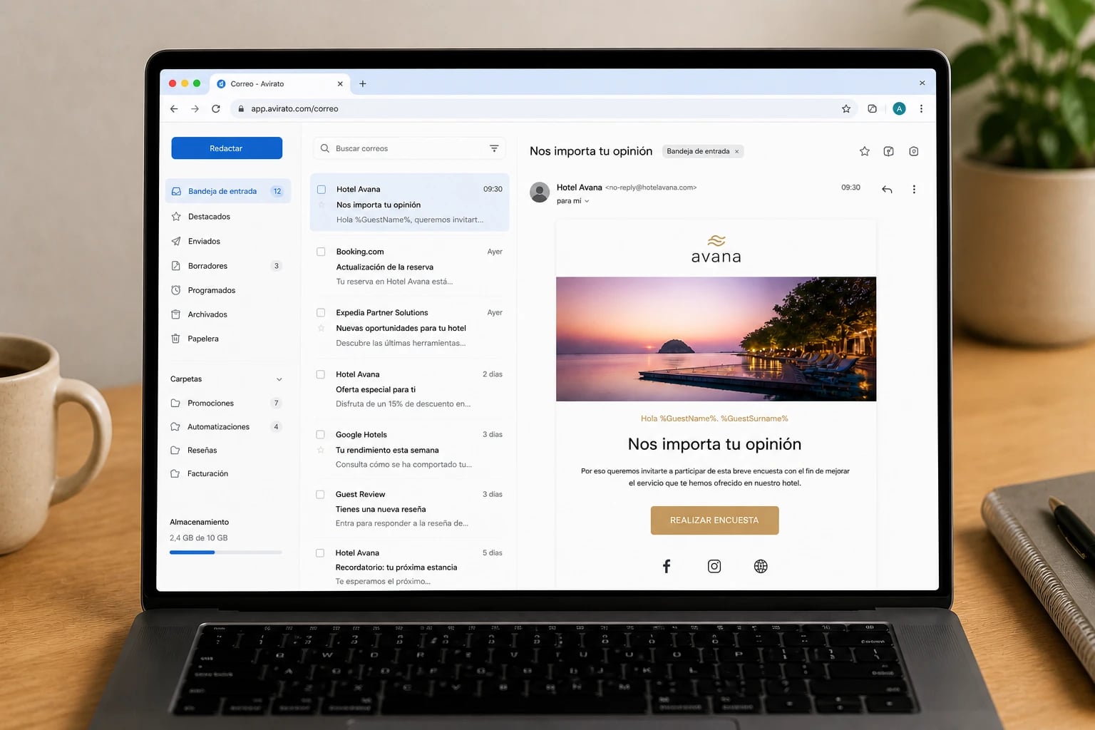 Email marketing campaign for hotel guests created with Avirato's CRM on a laptop