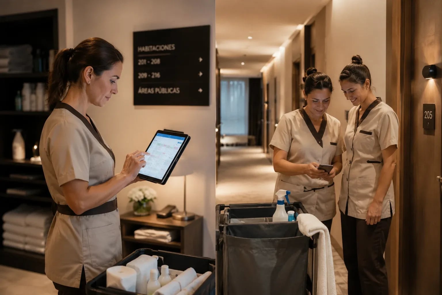 Hotel housekeeping team checking their assigned housekeeping tasks on a tablet in Avirato PMS