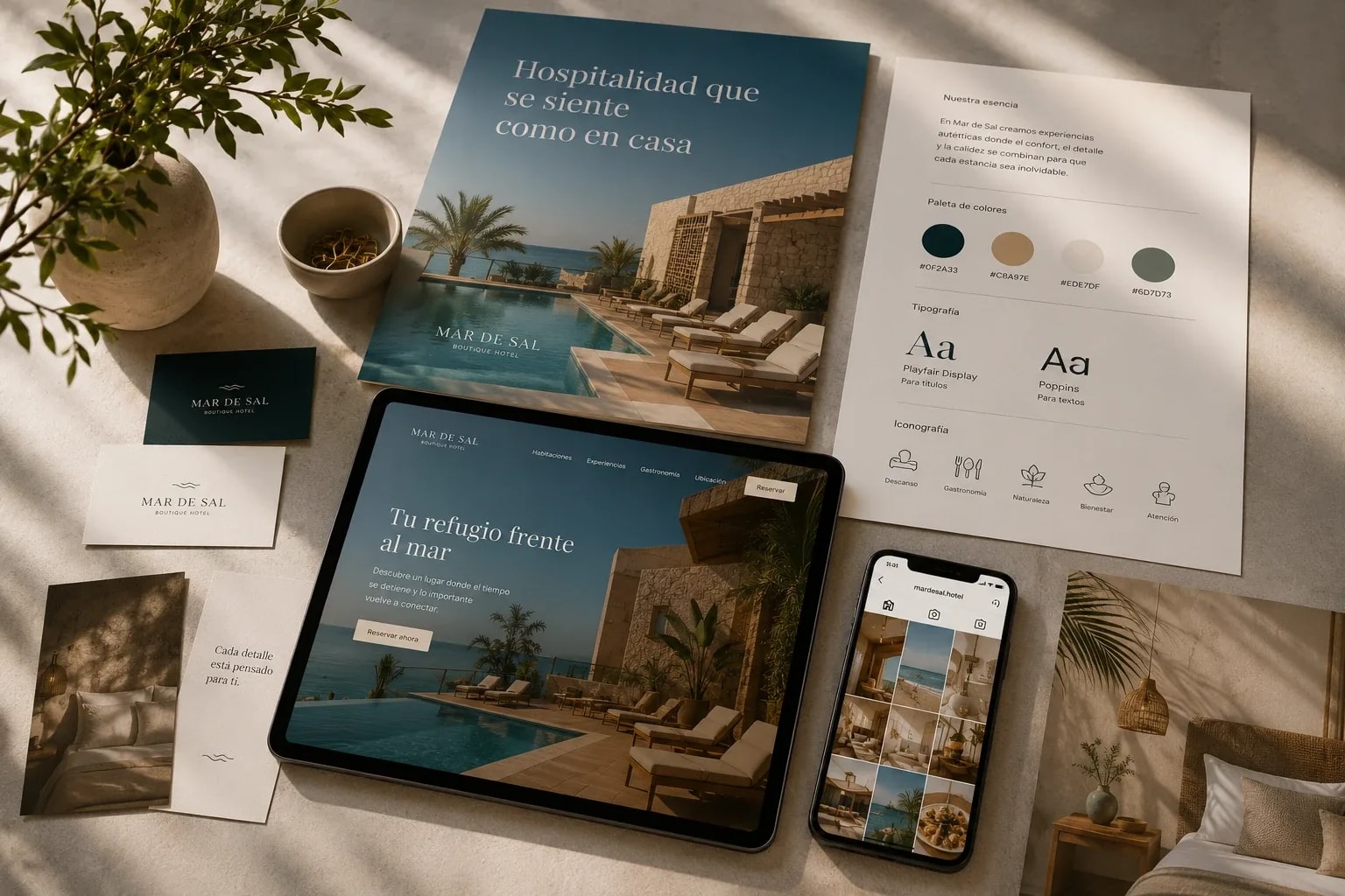 Identidad visual de un hotel boutique en folleto, tarjetas, tableta y móvil